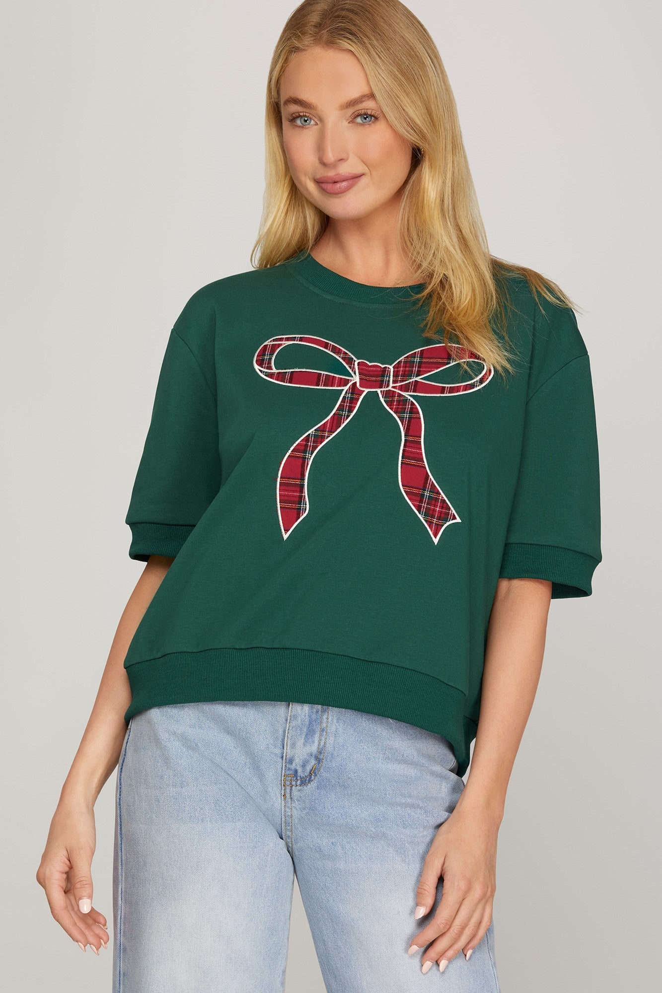 Emerald Green Top with Christmas Plaid Bow